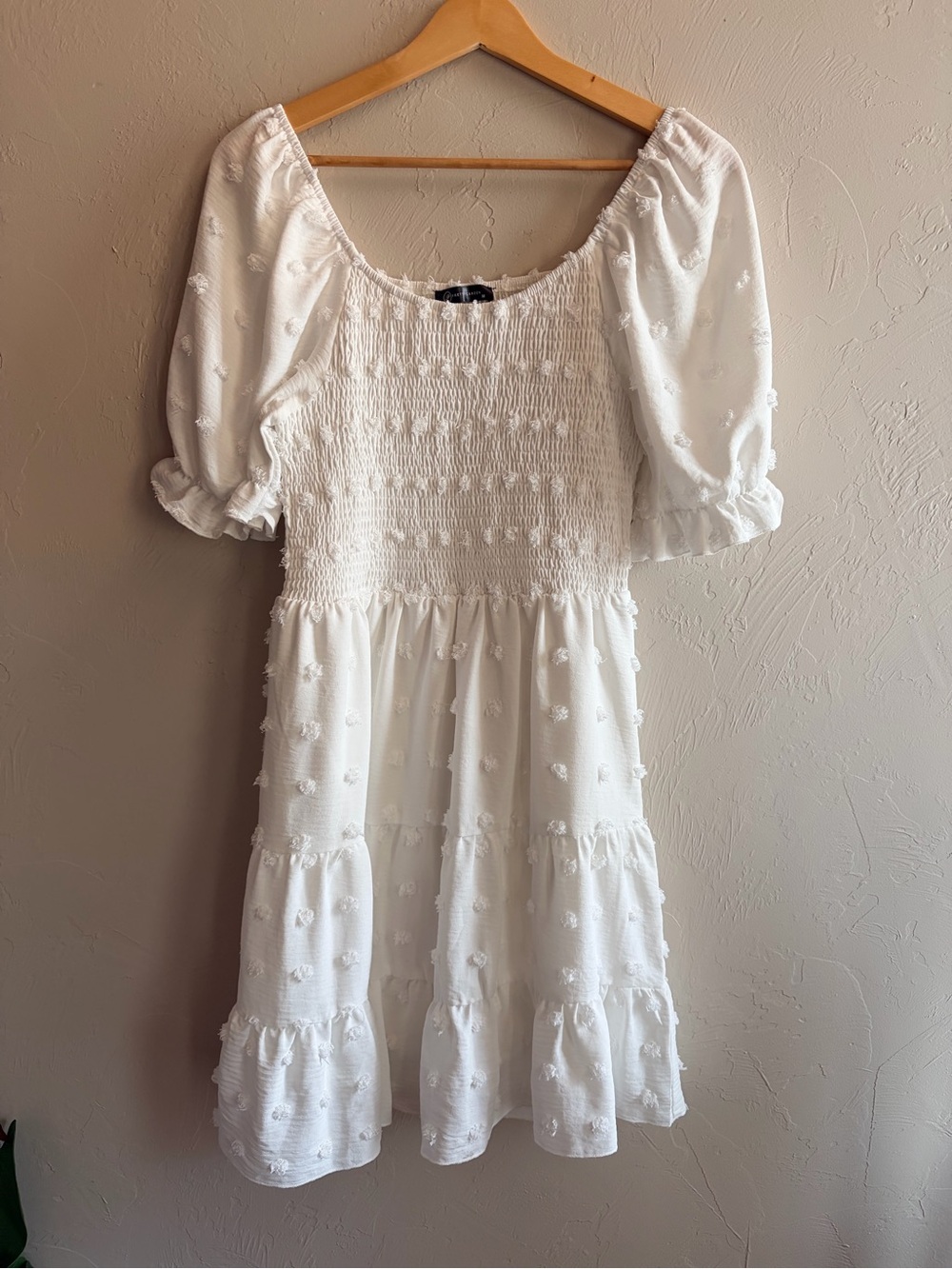 PrettyGarden White Smocked Puff Sleeve Fairy Cottage Chiffon Short Dress Sz M